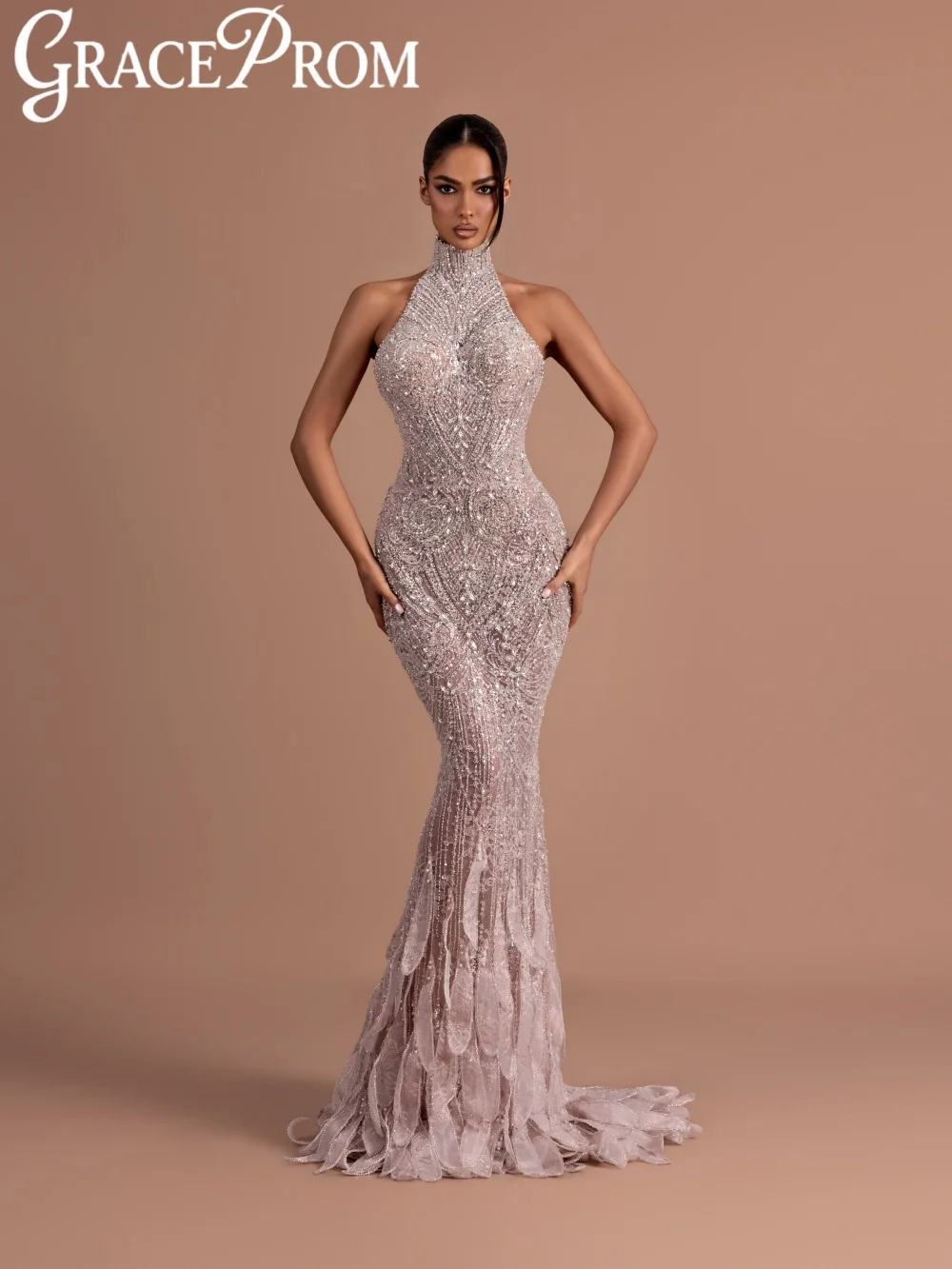 

Dazzling Crystal Evening Dress Handmade 3D Leaf Mermaid Wedding Party Gowns Customized Modern Luxury Halter Long Banquet Gowns