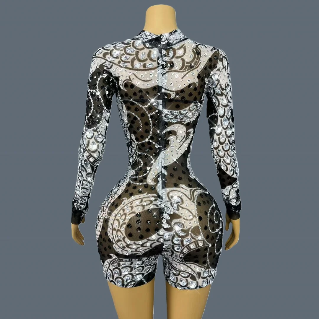 Sparkly Rhinestone Long Sleeves Catsuit Bodycon Bodysuit Festival Celebrate Party Dance Wear See Through Mesh Outfit Heijiaolong