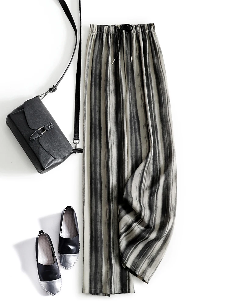 

High-End Japanese Sle Summer Stripe Pattern Wide Leg Casual Pants Women's Straight Cut Cool Pants Long Cotton Trousers
