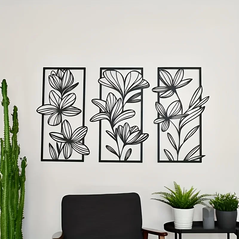 3-Piece Set of Elegant Black Metal Floral Wall Decorations, Reusable, Vertical Indoor Decor, Suitable for Living Room and Bedroom, Bedroom Wall Decoration, Classic Floral Patterns, Wall Art, Metal Wall Decor