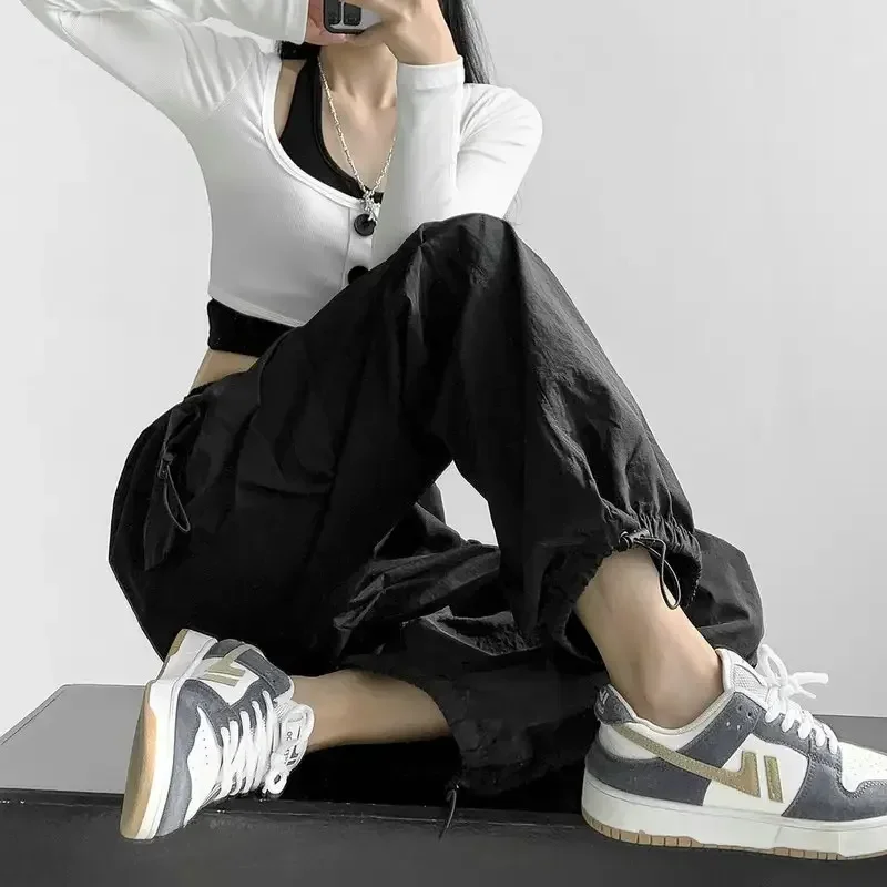 Pantalon Cargo taille haute pour fille épicée, coupe ample, jambes larges, décontracté, pour hommes et femmes, sensibilité du Design, Style américain