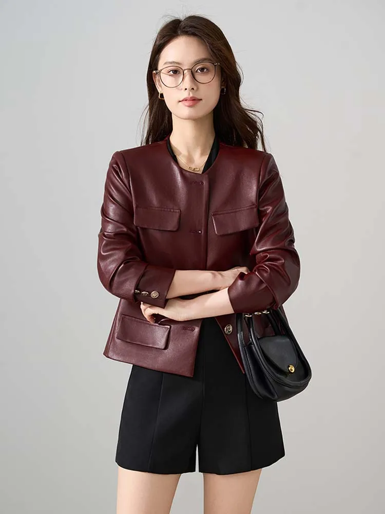 Borgoña mujer primavera otoño cuello redondo chaqueta de piel sintética Oficina señora chaqueta de motocicleta de un solo pecho abrigo de PU 2025 INKEO 5O075