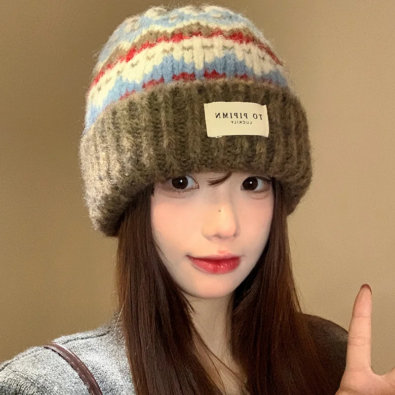 Women Vintage Stripe Knit Beanie Hat Thick Warm Fair Isle Style Knitted Cap Label Patch Cuff Winter Hat for Female Outdoor Daily