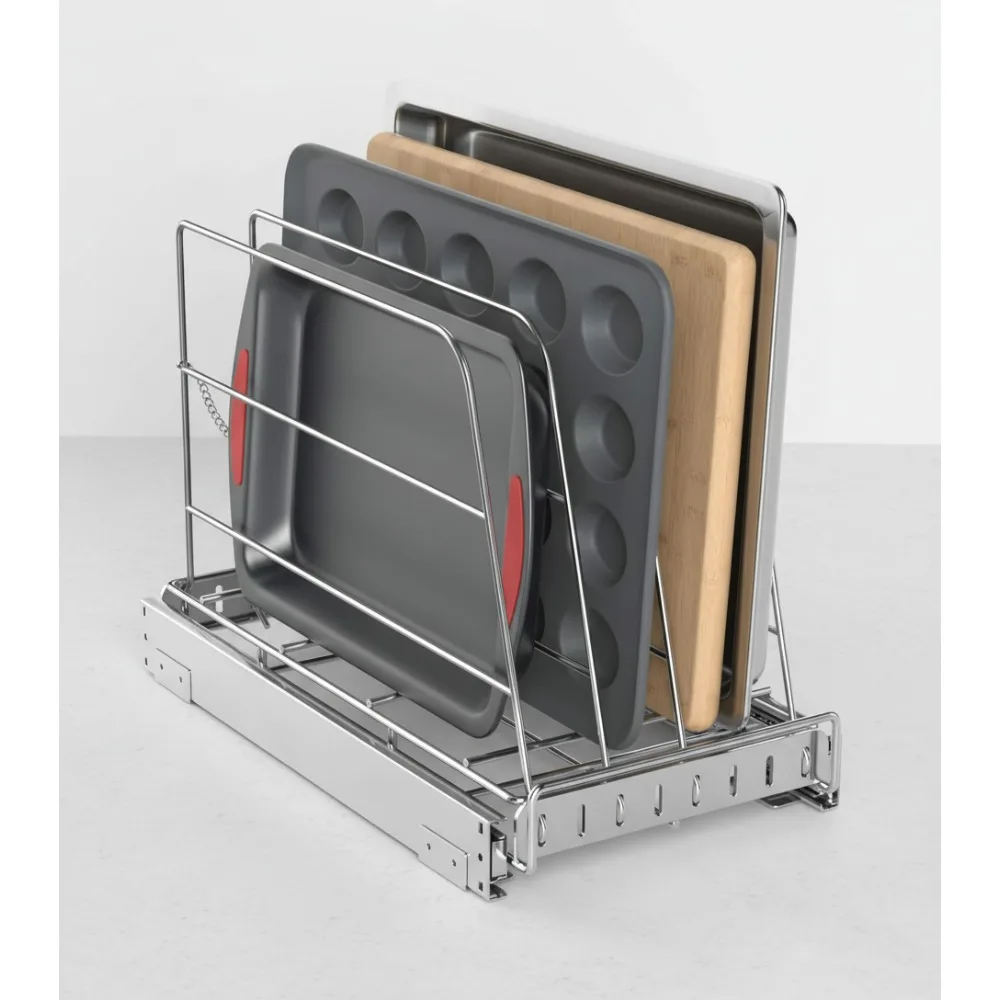 Stainless Steel Pull Out Cabinet Organizer for Cutting Boards & Bakeware - Heavy Duty Sliding Rack (9x16.5in)