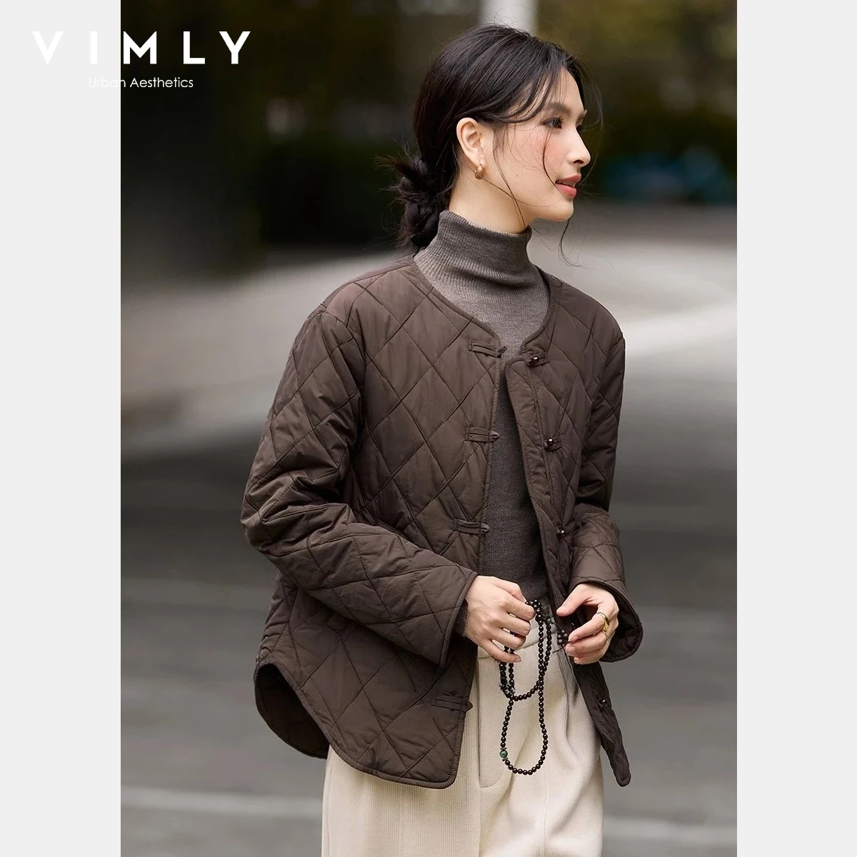 

VIMLY Women's Winter Parkas 2025 New Chinese Style Brown Round Neck Cotton Padded Coat Loose Diamond Quilted Ladies Jacket A2858