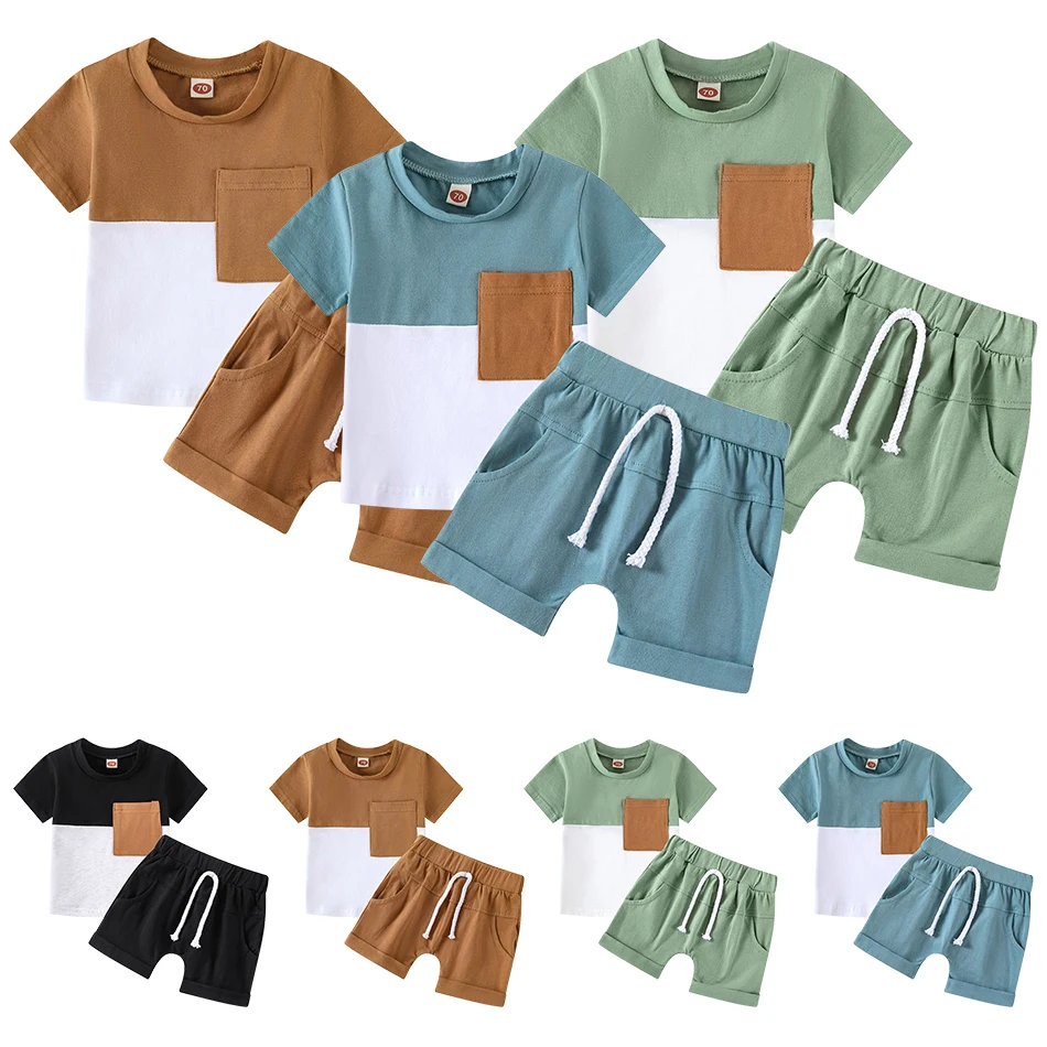 Boys Fashion Casual Solid Color Short Sleeved Shorts Two-Piece Set Children Outdoor Activity Travel Short Sleeved Set