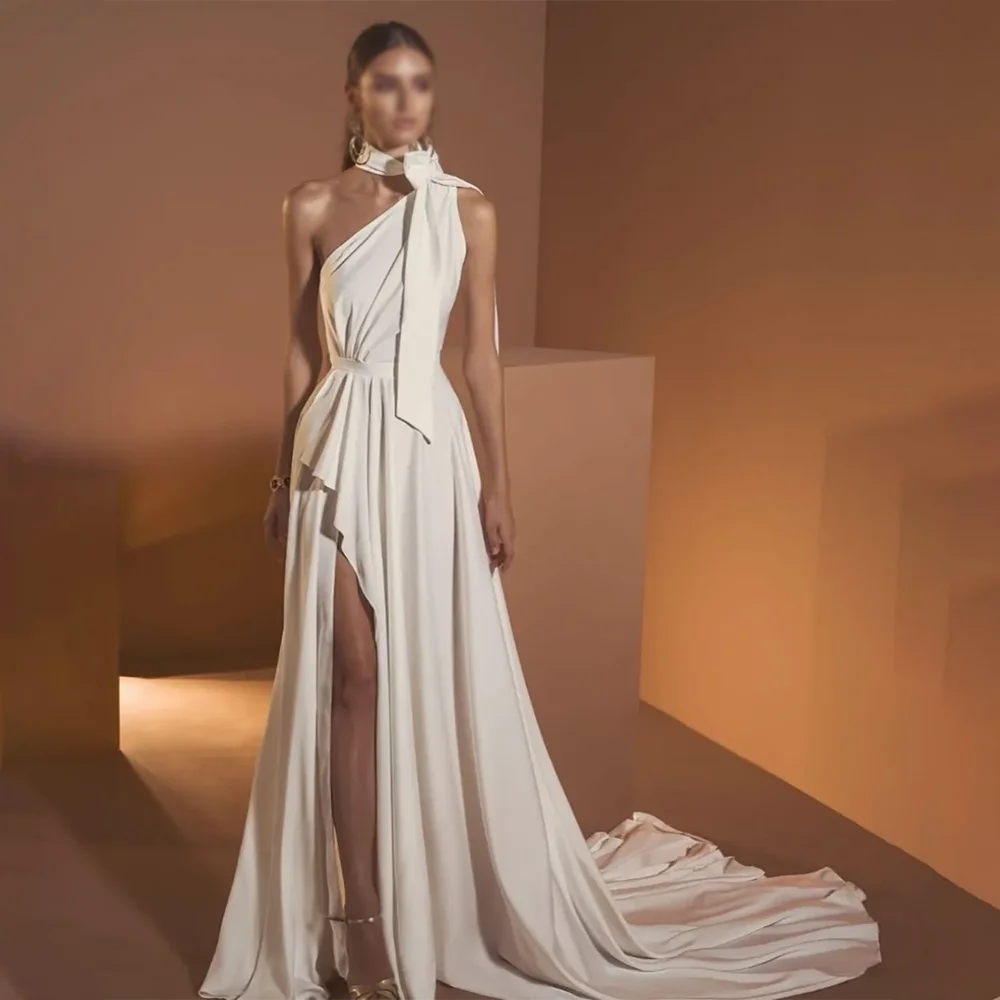 Classic Bow Sleeveless Evening Dresses Formal Party Prom Gowns Floor-Length A-Line Backless Evening Prom Dresses Customized