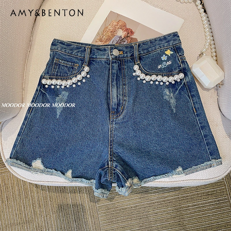 

Embroidery Beads Curling Denim Shorts Women's Summer Design Sense Fashion A-line High Waist Slimming Jeans 2024 New Booty Pants