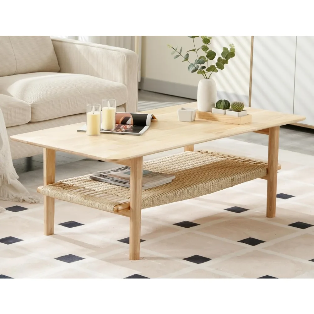 

Farmhouse Coffee Table for Living Room 2-Tier Coffee Table with Natural Rattan Storage Shelf Large Rectangular Center Table for