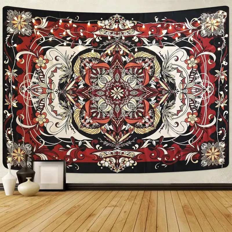 VIKAMA Ethnic Mandala Tapestry, Red Black Floral Boho Wall Art Cloth for Bedroom, Living Room, Dorm & Indie Hippie Room Decor