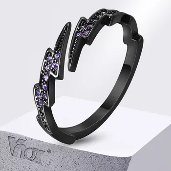 Vnox Gothic Black Lightning Open Ring for Men Women,Stylish Purple Cubic Zircon Stones Finger Band, Adjustable Fashion Jewelry