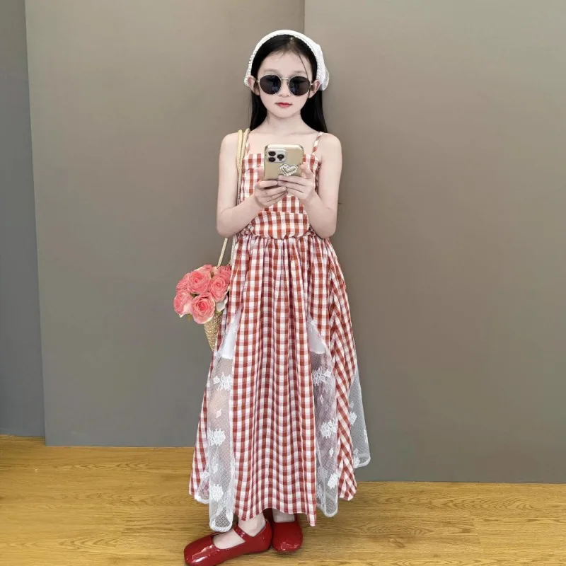 

Юбка на подтяжках для отдыха на море для девочек, новое летнее милое длинное платье, детское кружевное платье в клетку
