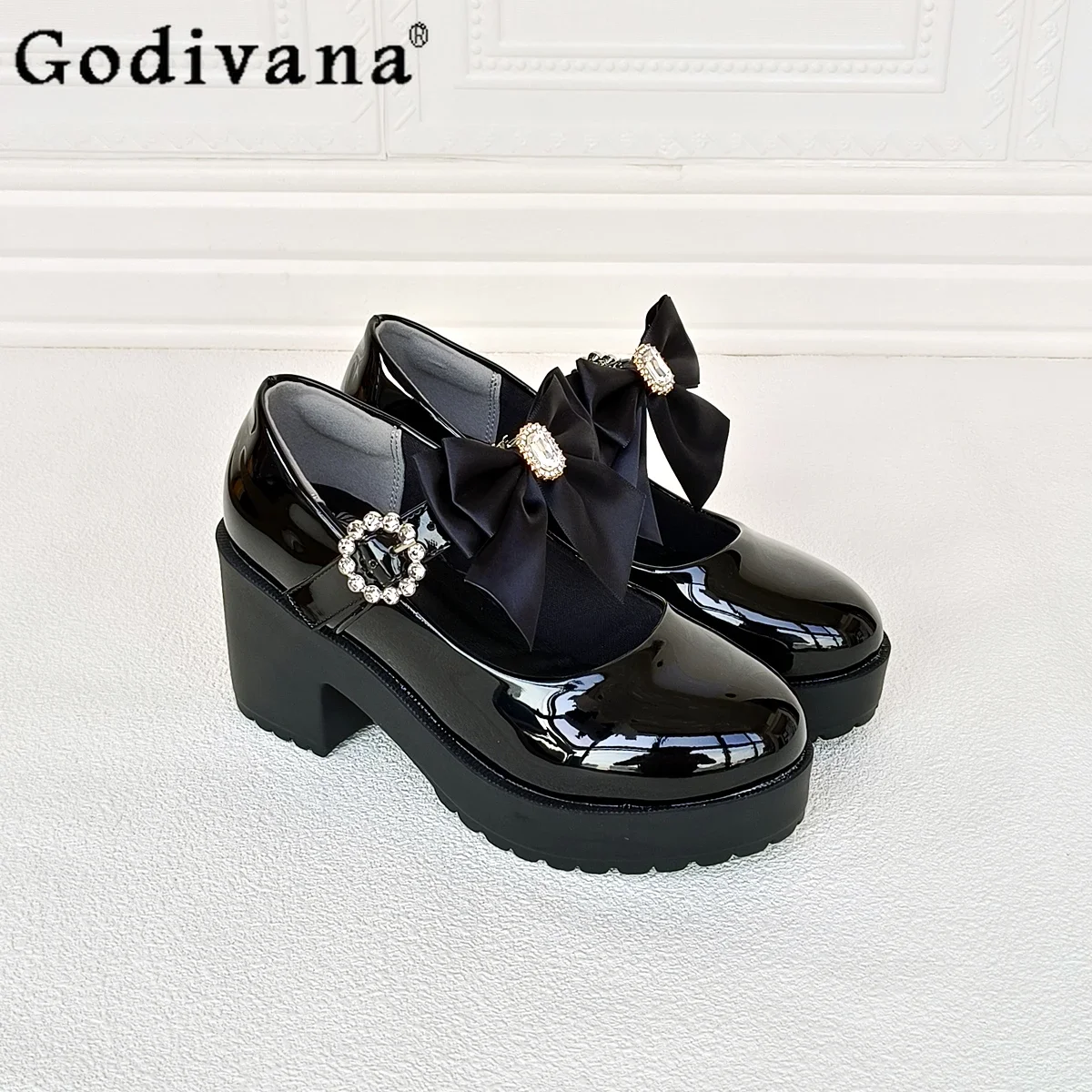 

Japanese Mine Series Sweet Bow Rhinestone Black Leather Shoes Spring New Women's Mary Jane Shoes Lady Lolita Platform Shoes