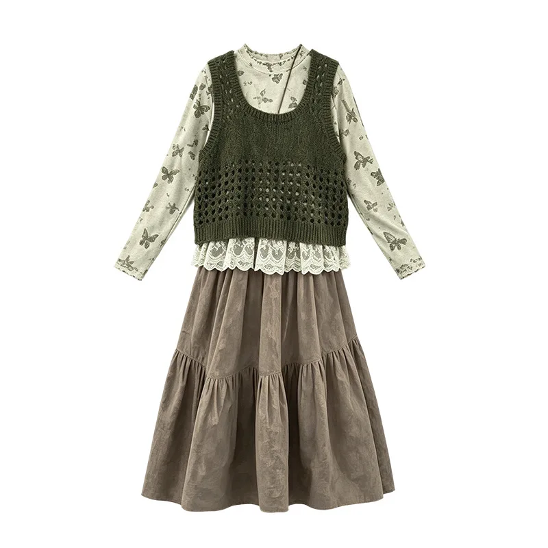 New spring and autumn collection: high-quality, retro-style, trendy long-sleeved mesh vest and long dress three-piece set for gi