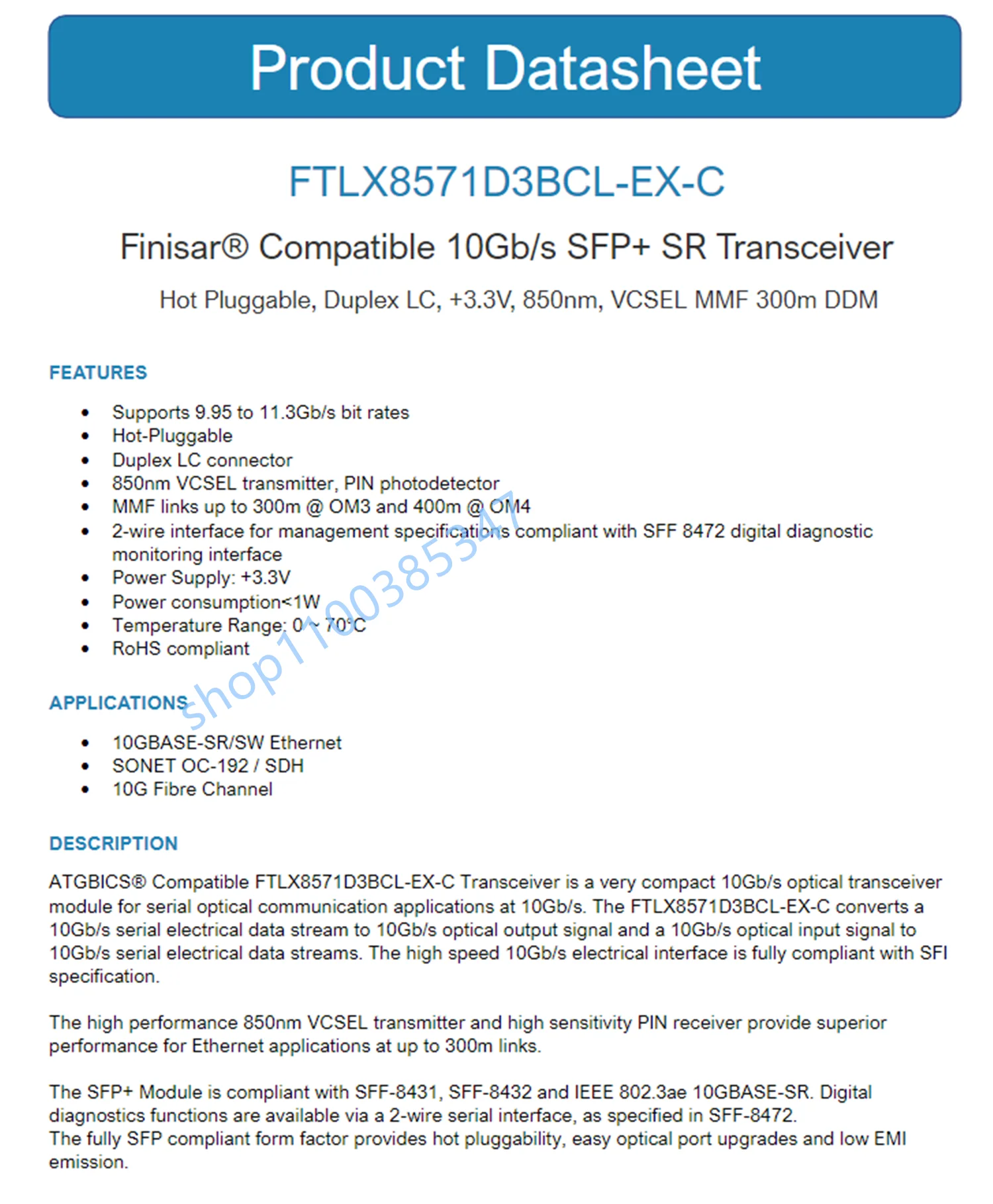 1PCS Finisar 10G Fiber Transceiver FTLX8571D3BCL-EM 850nm 10G SR Fiber Module Sfp SFP+ 10GB Optical Switch
