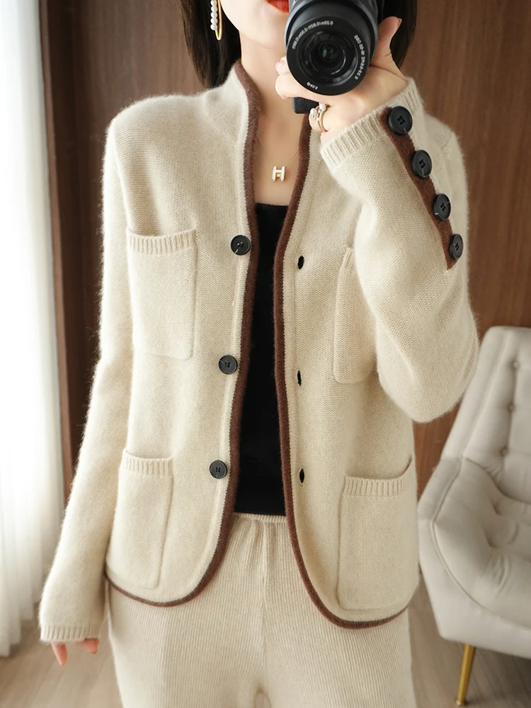 100% Merino Wool Sweater Women\'s Stand-up Collar Cardigan Autumn Winter High Quality Soft Korean Female Cashmere Knitted Clothes