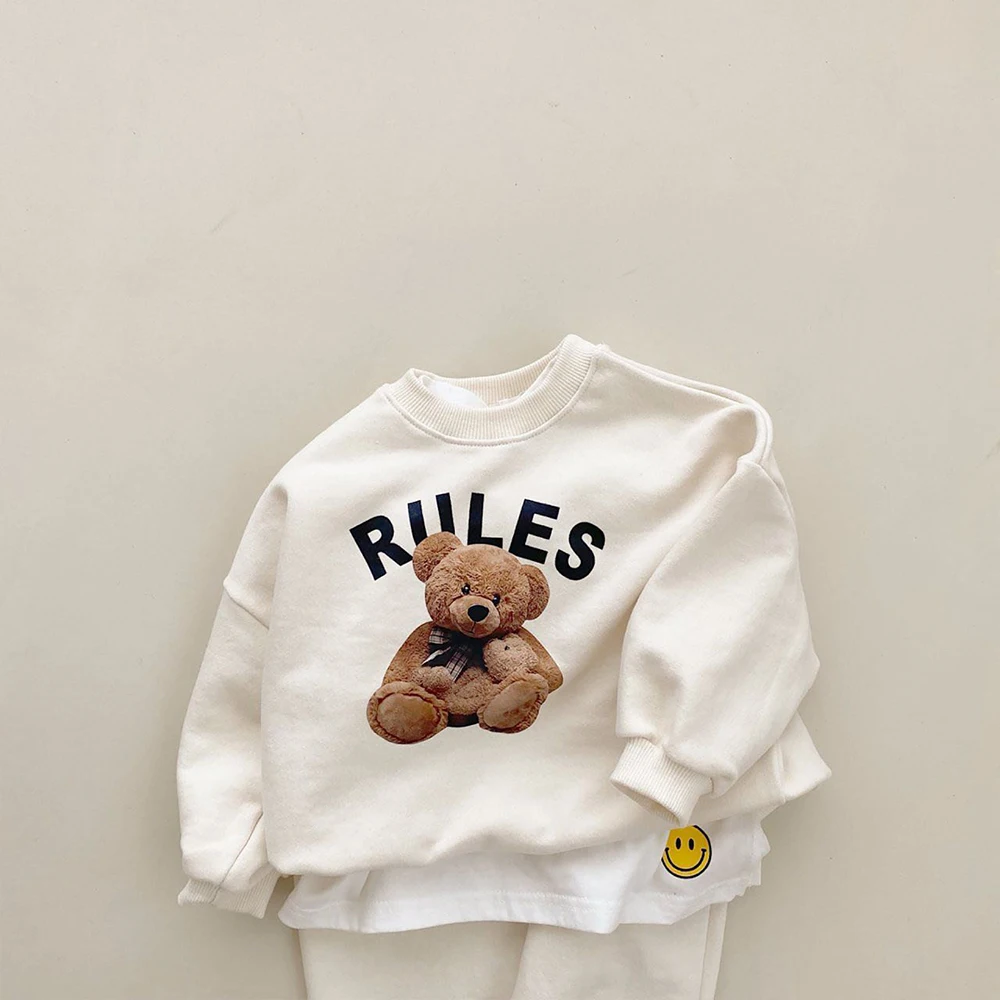 Korean 1-4Y Boys Outfit Set Toddler Girls Clothes Set Fashion Sweatshirt Tops +White Pants Spring Cartoon Bear Kids Clothes Suit