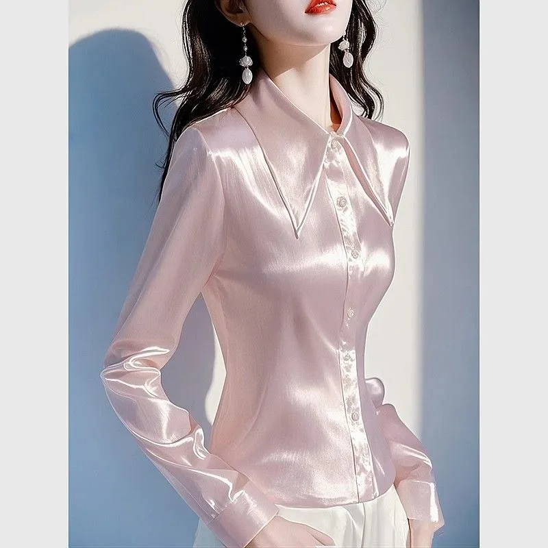

Pink Satin Shirt Women 2026 Early Spring New Fashionable Waist-hugging Professional Top Solid Color Autumn Chic Female Clothes