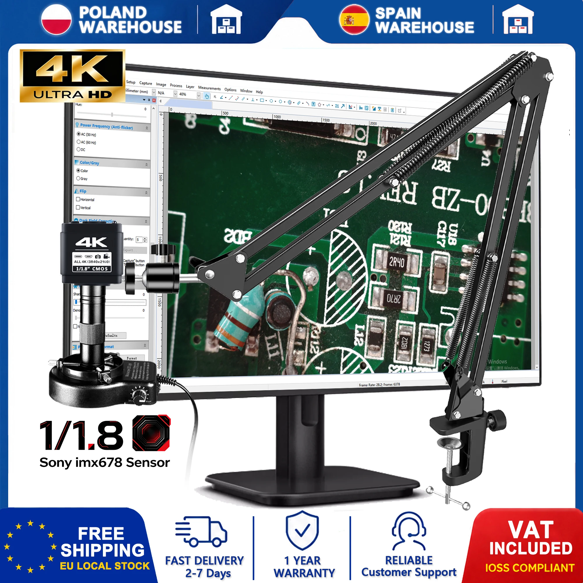 Microscopio Digitale 4K YIZHAN per microsaldatura e riparazione PCB, fotocamera per microscopio con sensore CMOS IMX678 da 1/1,8 pollici, obiettivo zoom 150X o 180X opzionale, braccio a gomito