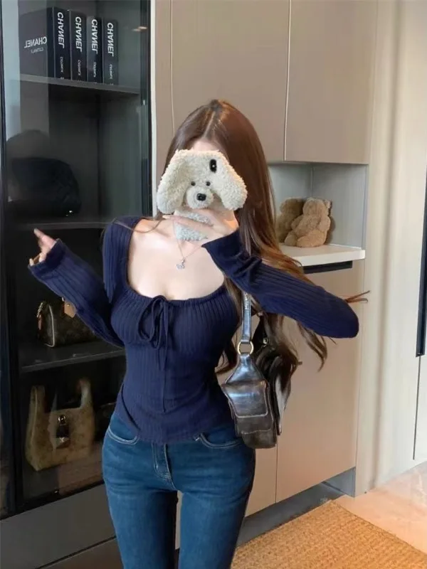 

Женская футболка больших размеров с длинным рукавом, бантом и квадратным вырезом, облегающая, сексуальная, осенне-зимняя, в корейском стиле, для повседневной носки