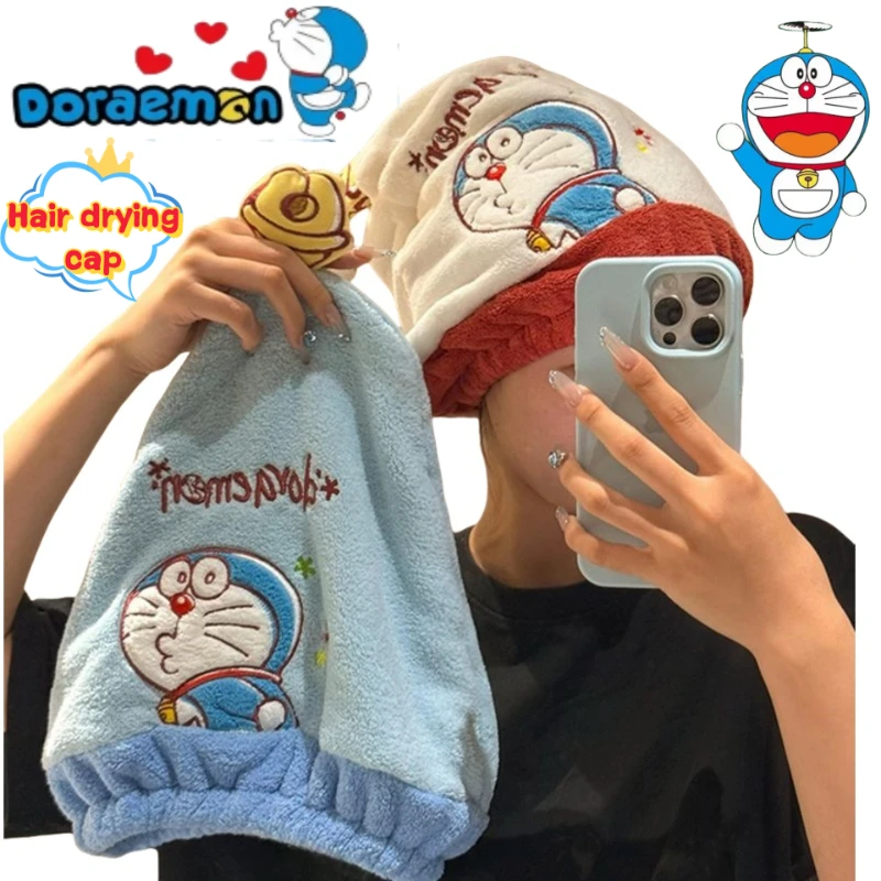 Nowa czapka do suszenia włosów z motywem anime Doraemon, urocza, kreskówkowa, słodka i urocza, wygodna do użytku w domu, szybkoschnąca i dobrze chłonąca wodę.