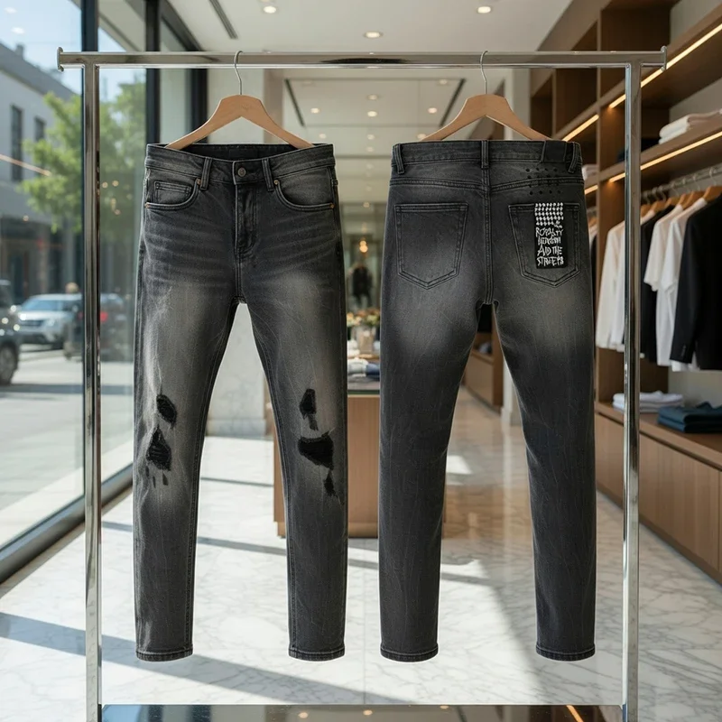 New Y2K Men Jeans Trends  Distressed Damaged Holes Embroidered Stretch Skinny Button Fly Ripped Jeans Pants