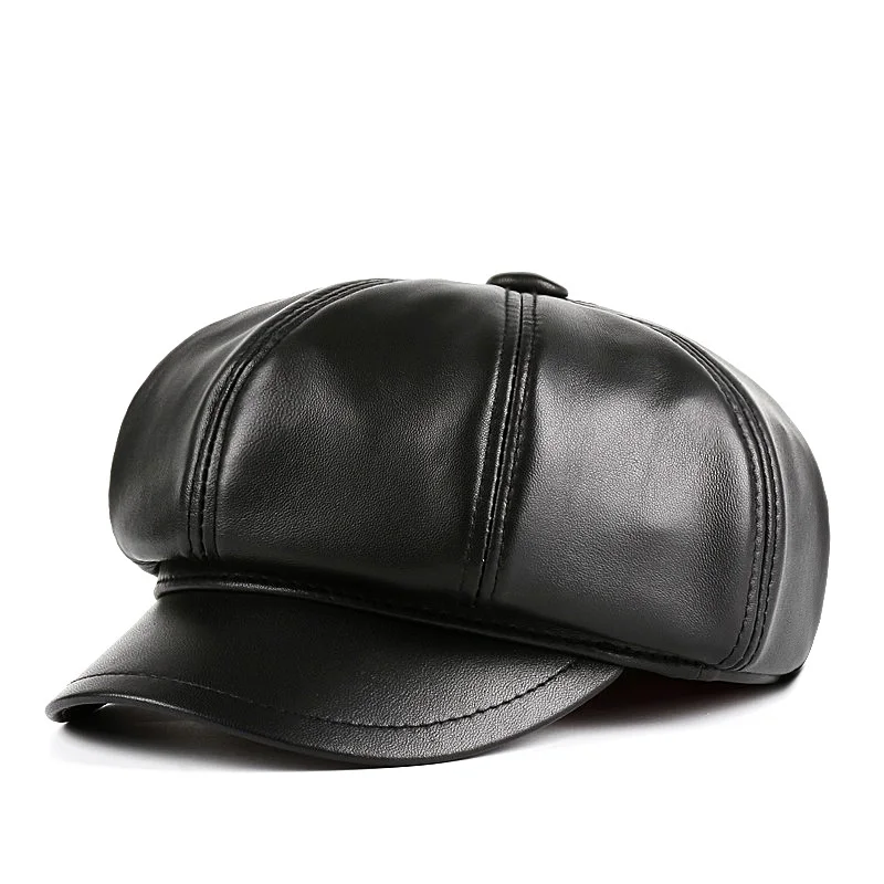 レザー八角形ベレー帽-男女兼用-若々しいストリートスタイル-冬用暖かいショートブリムキャップ-調節可能なラウンドトップデザイン