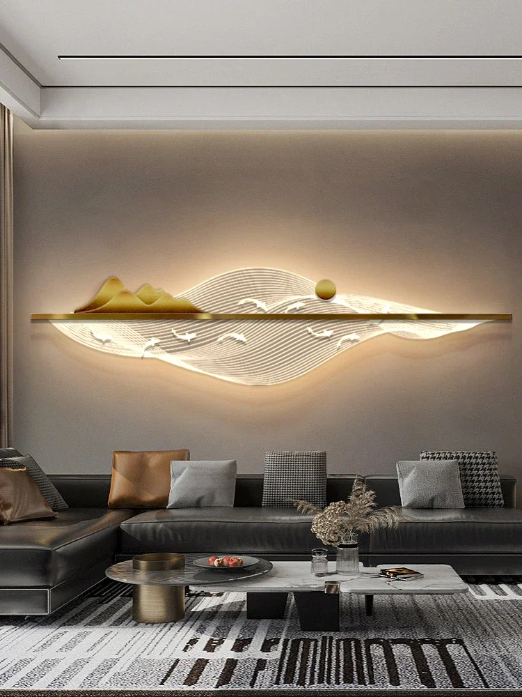 Nine fish picture sofa background wall decoration painting, living room high-end wall lamp horizontal version with LED ambient l