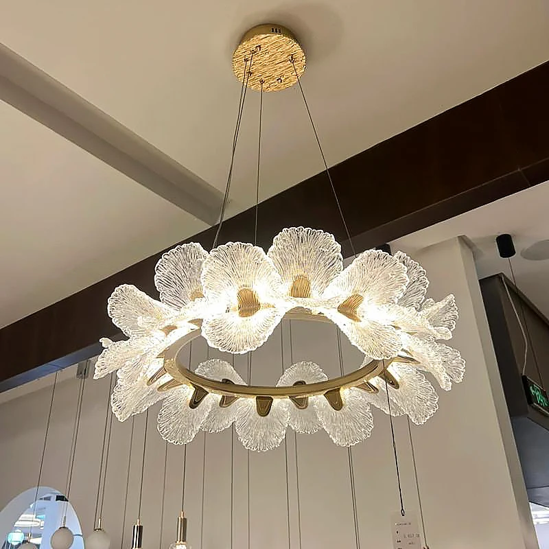 

Luxury French Round Chandelier For Home Living Dining Room White Carved Acrylic Flower Hanging Lamp Long LED Pendant Light