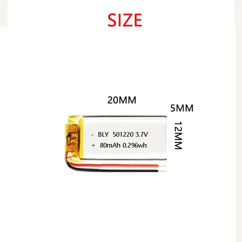 Mini 501220 Li-Polymer 80mAh Rechargeable Battery 3.7V for Smartwatches, Bluetooth Headsets, Beauty Devices, and Electronics