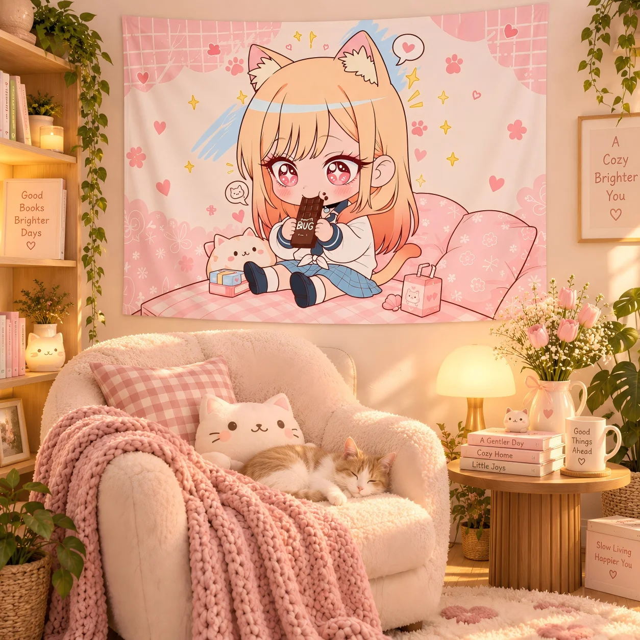 Kawaii Cat Girl Anime Tapestry Sweet Pink Heart Paw Print Background Wall Hanging Tapestry Dorm Bedroom Background Cloth Home