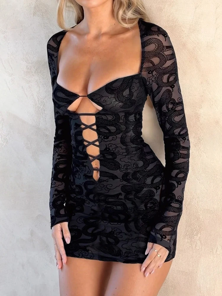 

YUZHEXI Sexy Hollow Out Lace Mesh Mini Black Dress for Women Elegant Bodycon Full Sleeve Party Clothes