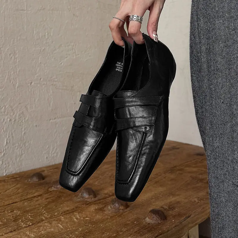 2026 new spring autumn women pumps natural leather 22-25cm cowhide+sheepskin+pigskin square toe high heel loafers women shoes