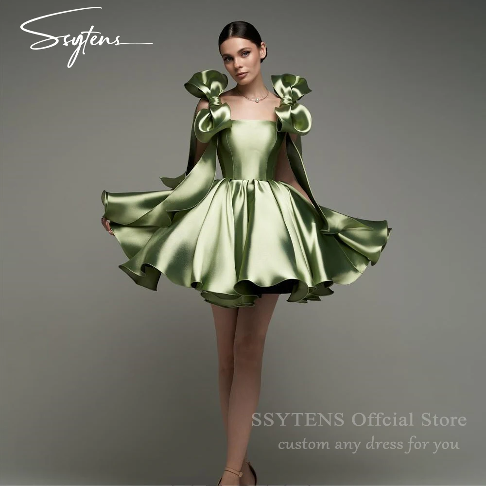 Green Short Satin Evening Dresses Spaghetti Straps With Bow Off the Shoulder Birthday Party Cocktail Dresses Lace-up Robe De Bal