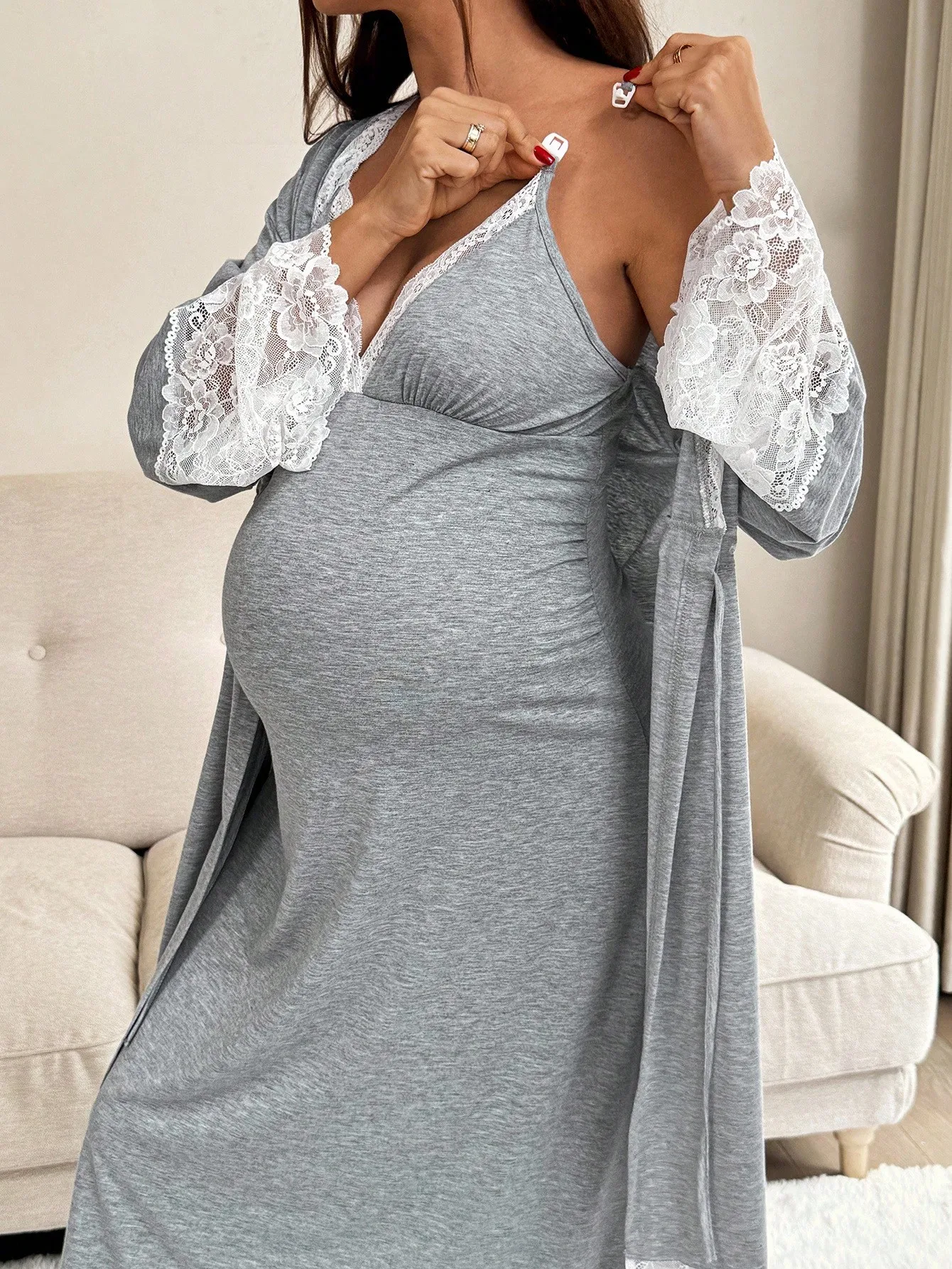 2-Piece Maternity Lace-Trimmed Long Sleeve Robe and Camisole Nursing Set