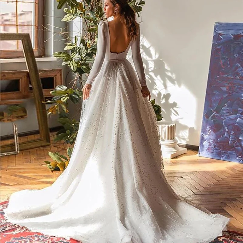 Elegante Witte Vierkante Kraag Lange Mouwen Bruidsjurk Met Lovertjes Halster Satijn Tule Vloerlengte Dames Klassieke Trouwjurk