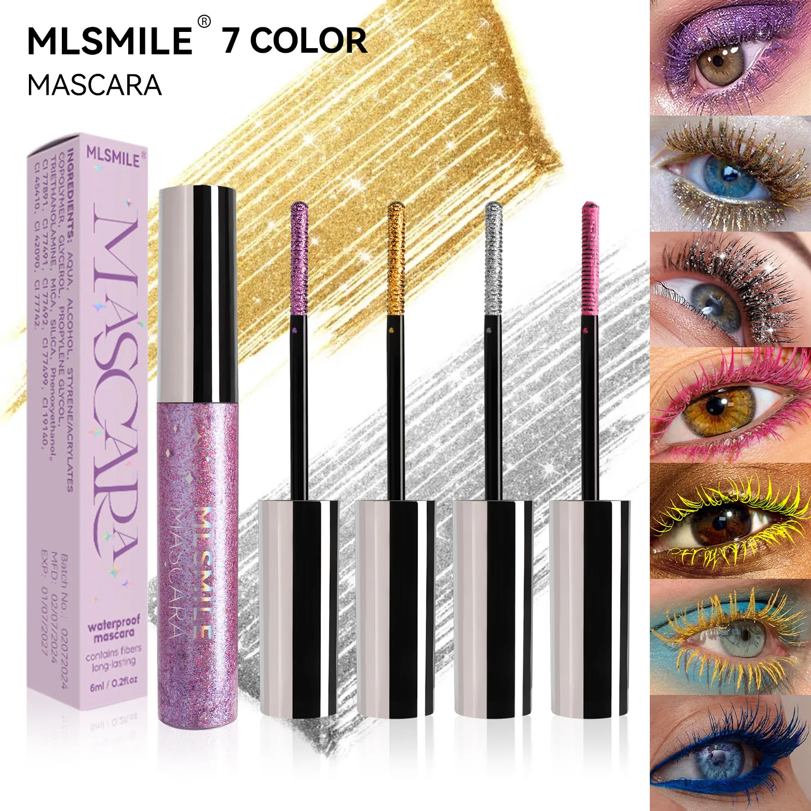 MLSMILE-rímel de perlas para Navidad, cepillo de máscara en espiral, resistente al agua, sin manchas, rizo grueso, lentejuelas, brillo de perlas, maquillaje de escenario