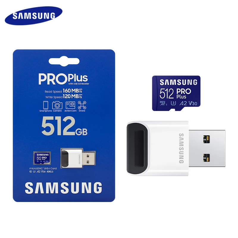 Original SAMSUNG Memory Card With USB 3.0 Card Reader Pro Plus 128GB 256GB 512GB Micro SD Card A2 V30 Flash TF Card for Phone PC