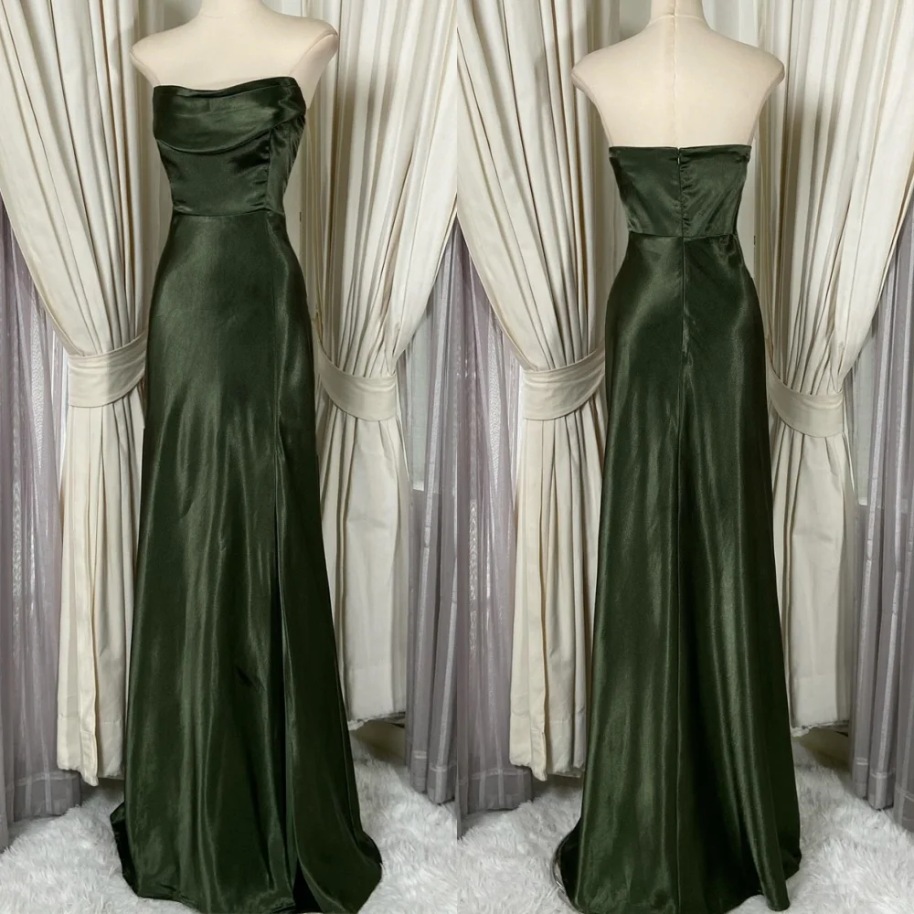 

Customized Sparkly Green Satin Evening Dresses Exquisite Strapless Sleeveless Celebrity Gowns Luxury Court Train Party Gowns