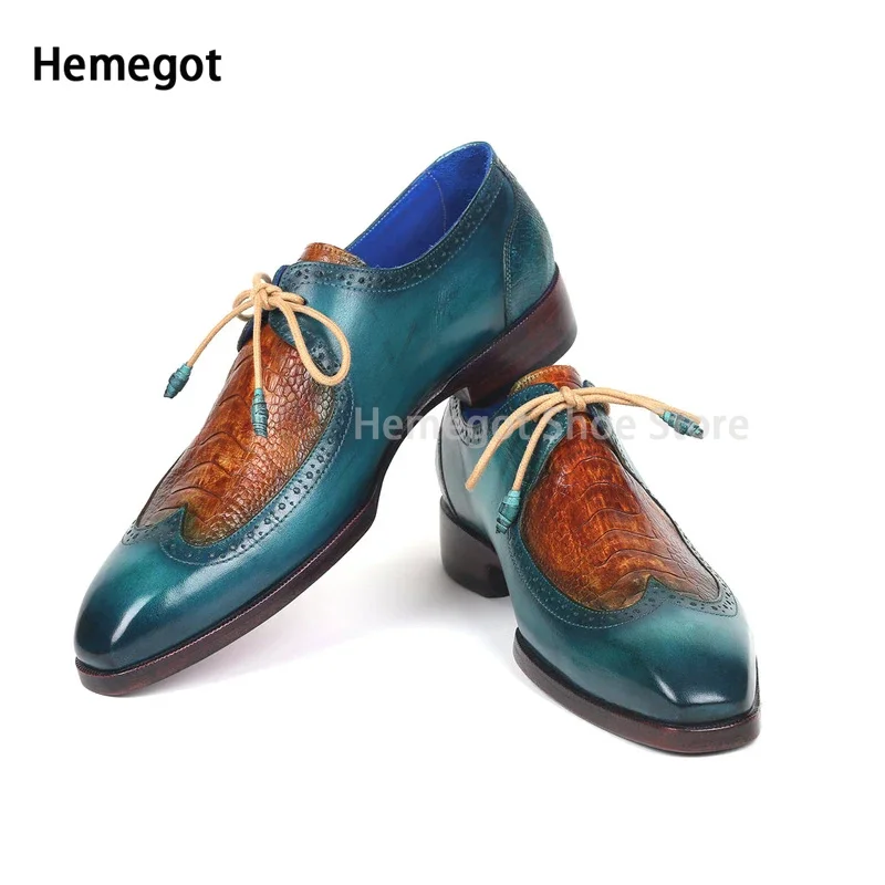 Blue Brown Mixed Color Shoes for Men Genuine Leather Pointed Toe Lace Up Daily Dress Shoes Party Vintage Fashion Men's Loafers