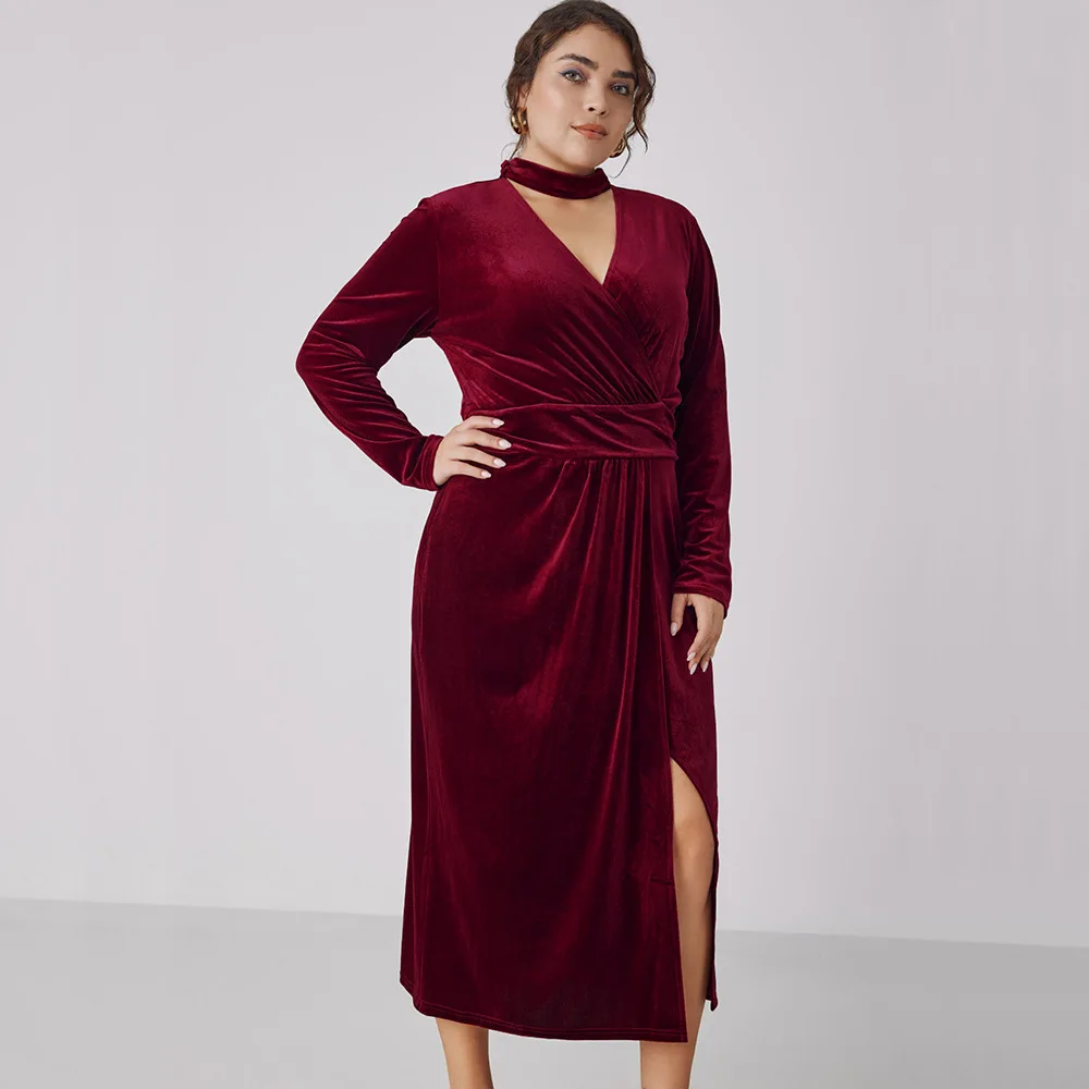 

2025 Plus Size Women's French Queen Wine Red Dress Autumn and Winter Korean Velvet Slit Long Skirt Summer Elegantes Casual Y2k