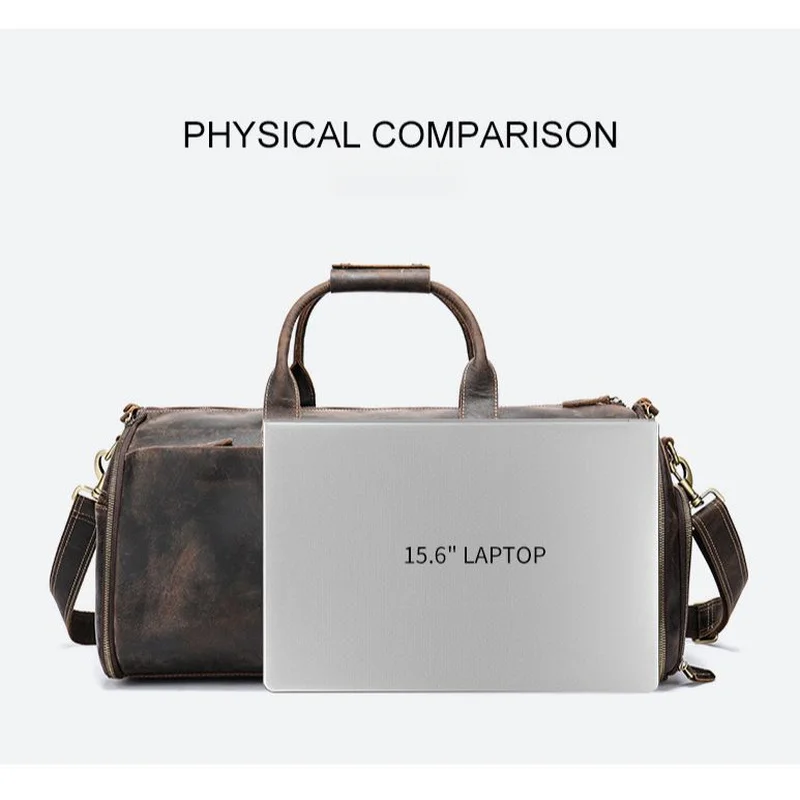 Men's Crazy Horse Leather Travel Bag, Genuine Leather Suitcase, Top Layer Cowhide Foldable Suitcase Storage Bag, Fitness Bag