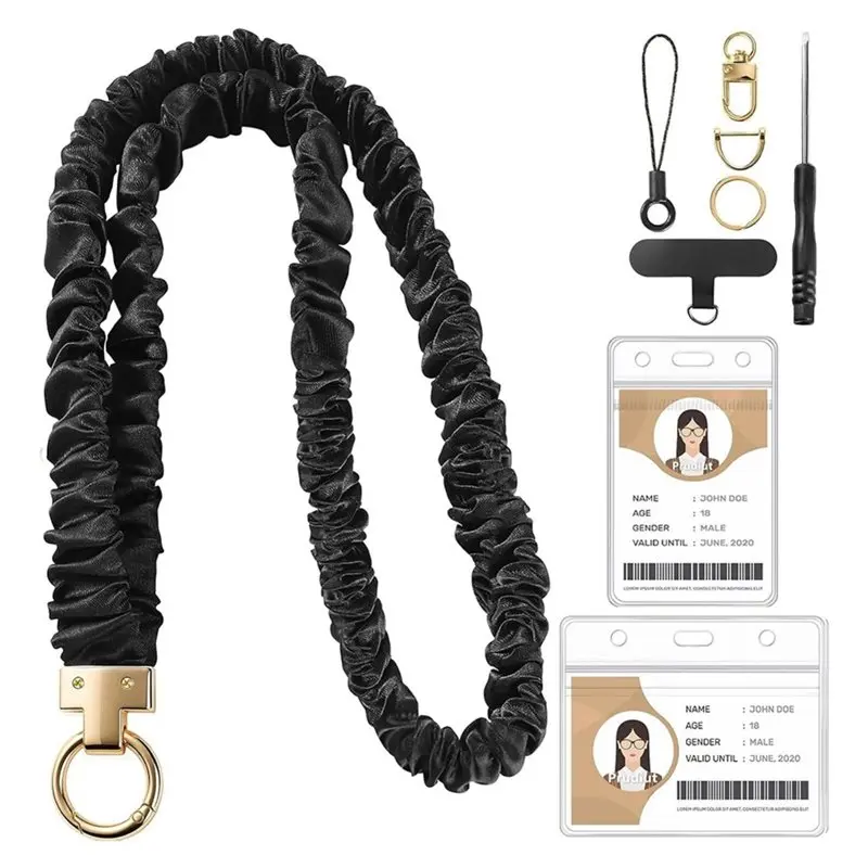 B48A Scrunchie Lanyard For ID Badges With Retractable Elastic Band, Card Holder& Keychain Included
