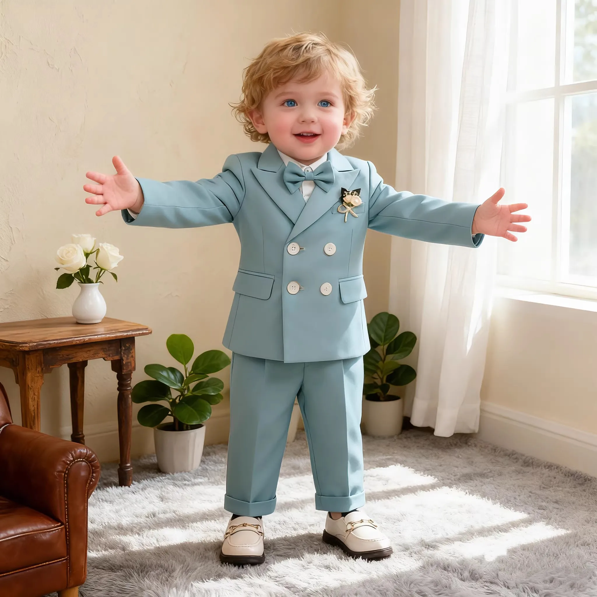 

Kids Double-breasted Blazer Set for Wedding Boys Jacket vest Pants Bowtie Brooch 5Pieces Birthday Ceremony Performance Costume