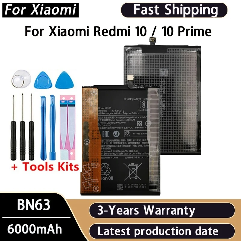 New BN63 6000mAh Battery For Xiaomi RedMi 10 / 10 PRIME Phone Rechargeable Batteries Bateria Batterij+Tools