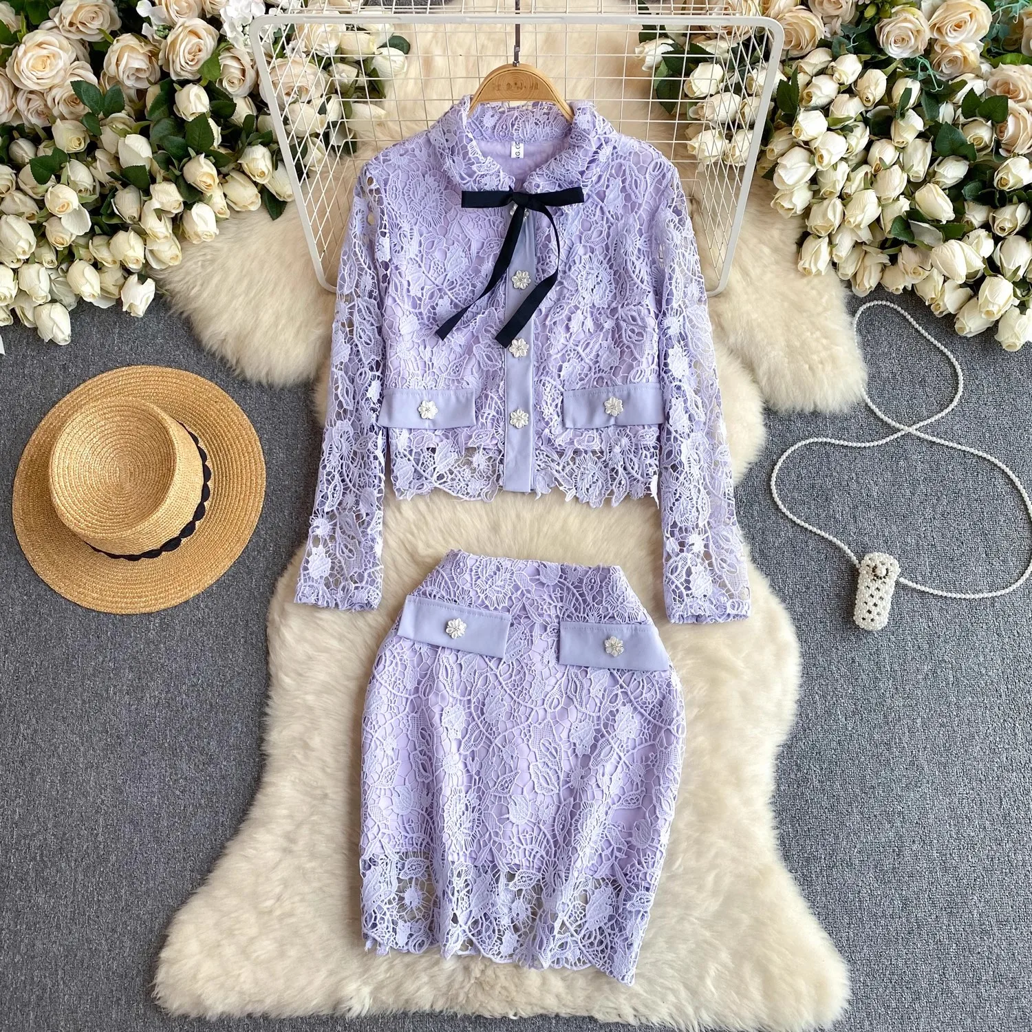 Purple Lace 2 Piece Sets Women Hook Flower Hollow Button Up Elegant Two Piece Sets Lady Runway Design Summer Holiday Skirt Sets