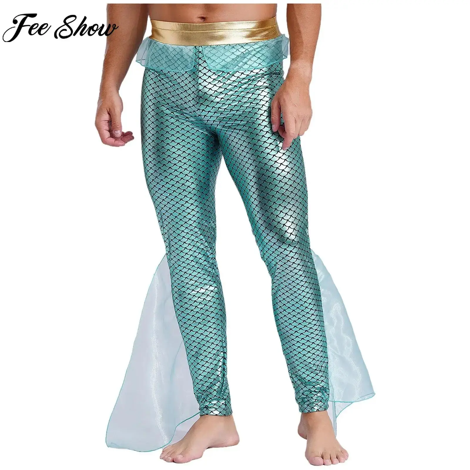 

Men Halloween Theme Party Poseidon King of The Sea Cosplay Costume Metallic Shiny Fishscale Print Mesh Mermaid Pants Leggings