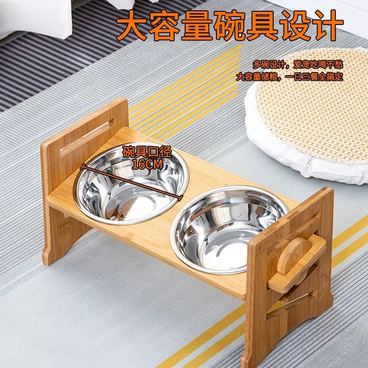 Bamboo and Wood Pet Dog Food Double Bowl Stand Feeding Rack Cat Bowl Rack Feeding Device Pet Bowl Stainless Steel Meal Rack