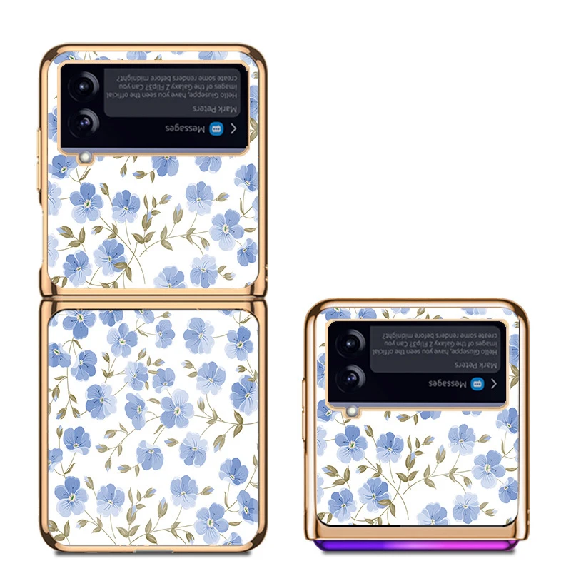 Z Flip 4 Funda Case for Samsung Galaxy Z Flip 4 3 2 1 Blue Flower Pattern Tempered Glass Coque Protection Phone Case Cover