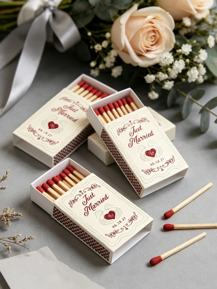 Retro Just Married Personalized Matchboxes Shrimp Beach Theme Wedding Favors Custom Printed Matchboxes for Bridal Shower